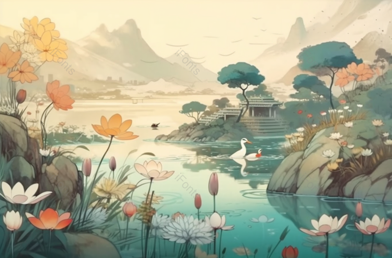 青绿山水池塘里的鸳鸯水墨画背景,插画/手绘图,插画/手绘图库,插画/手绘图下载,插画/手绘